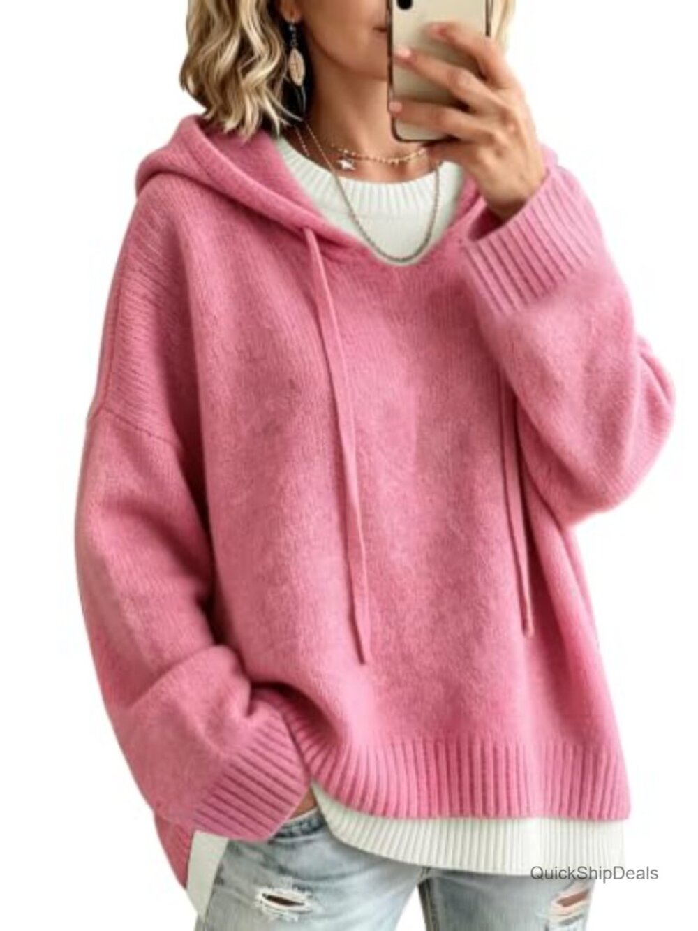 Womens Oversized Chunky Knit Pullover Sweater Hoodie Drawstring Ribbed Trim